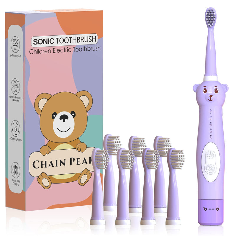 CHAIN PEAK Kids Sonic Electric Toothbrush, Cute Bear Rechargeable Toothbrush for Children, Boys Girls Age 3-12 with 30s Reminder, 2 Min Timer, 5 Modes, 8 Brush Heads, Bear Toothbrush Purple+8 Heads - NewNest Australia