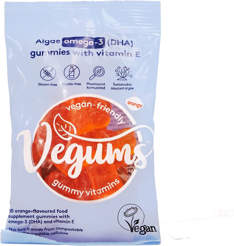 Vegums Fish-Free Omega-3 for Kids and Adults | 30 Orange-Flavoured Food Supplement Gummies with Omega-3 (DHA) Sourced from Marine Algae & Vitamin E | Suitable for Vegans and Vegetarians 30 Count (Pack of 1) - NewNest Australia