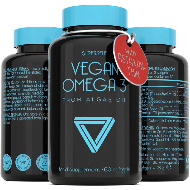 Vegan Omega 3 Capsules - Algae Oil 500mg - High Strength DHA 250mg with Astaxanthin, Flaxseed Oil & Vitamin E - 60 Easy to Swallow Softgel Tablets - Sustainable Vegetarian Supplement - NewNest Australia