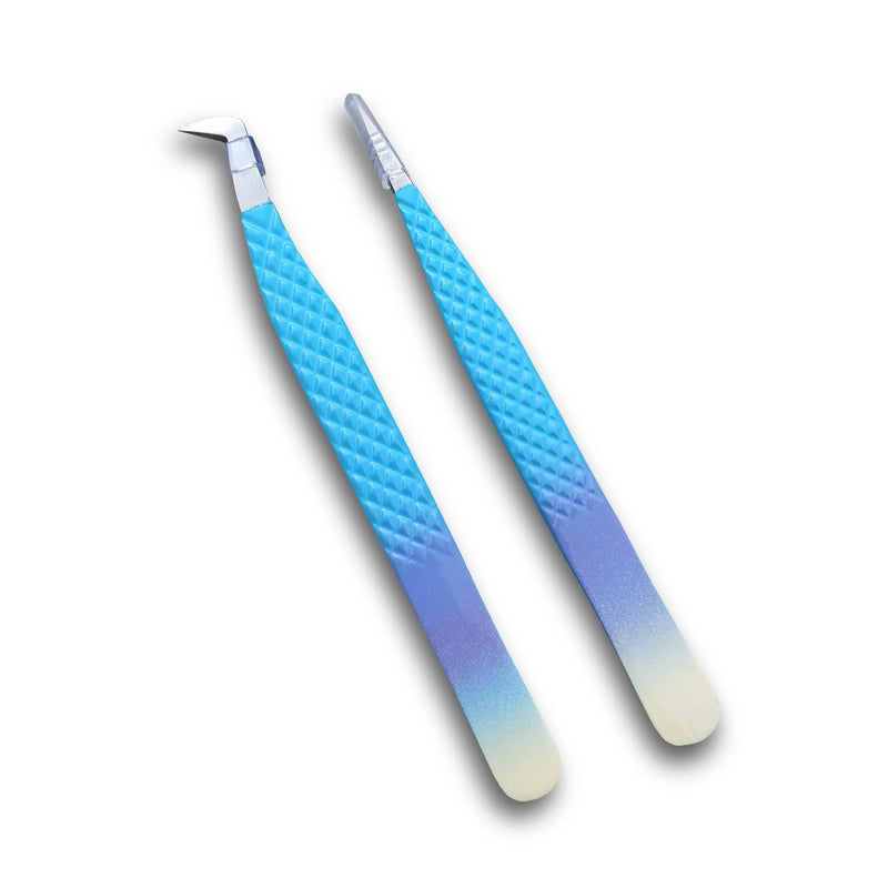 Eyelash Tweezers-2 Pieces Diamond Grip Eyelash Extensions Tweezers With Silver Tip-COSSMOO Straight And Angled Curved L-Shape Volume Tweezers For Lashes Extension, Lash Tweezers For False Lash, Blue - NewNest Australia