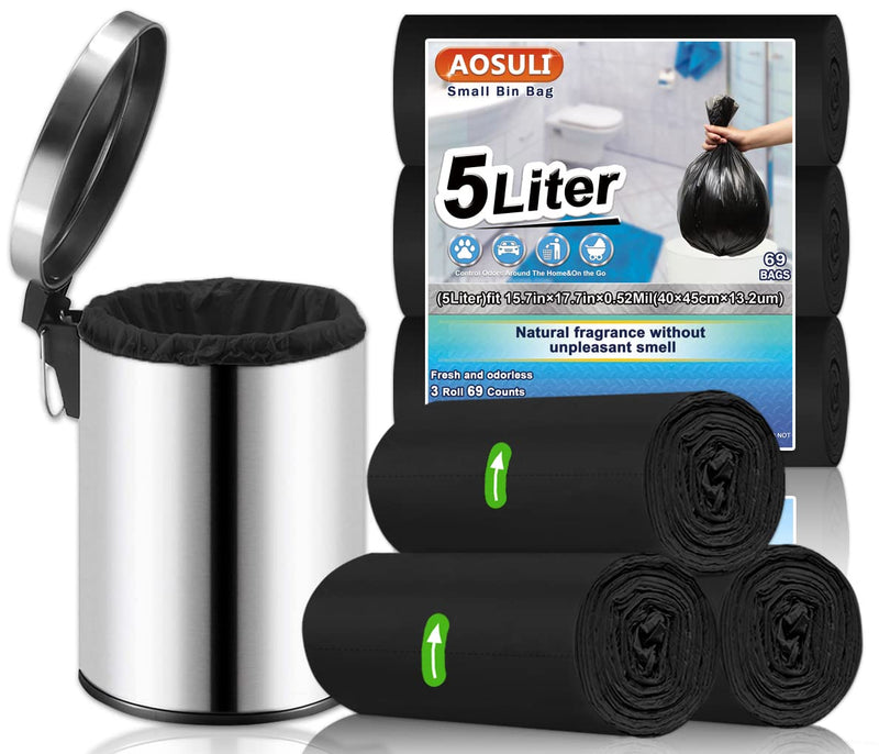 AOSULI 5L Small Trash Bin Bags 69PCS Garbage Bags Black Bin Liner/Trash/Rubbish Bags for Kitchen,Home,Office,Bathroom,Lawn,Garden,Patio(Fits 0.8,1.5,1.2 Gallon Bins,3 Rolls - NewNest Australia