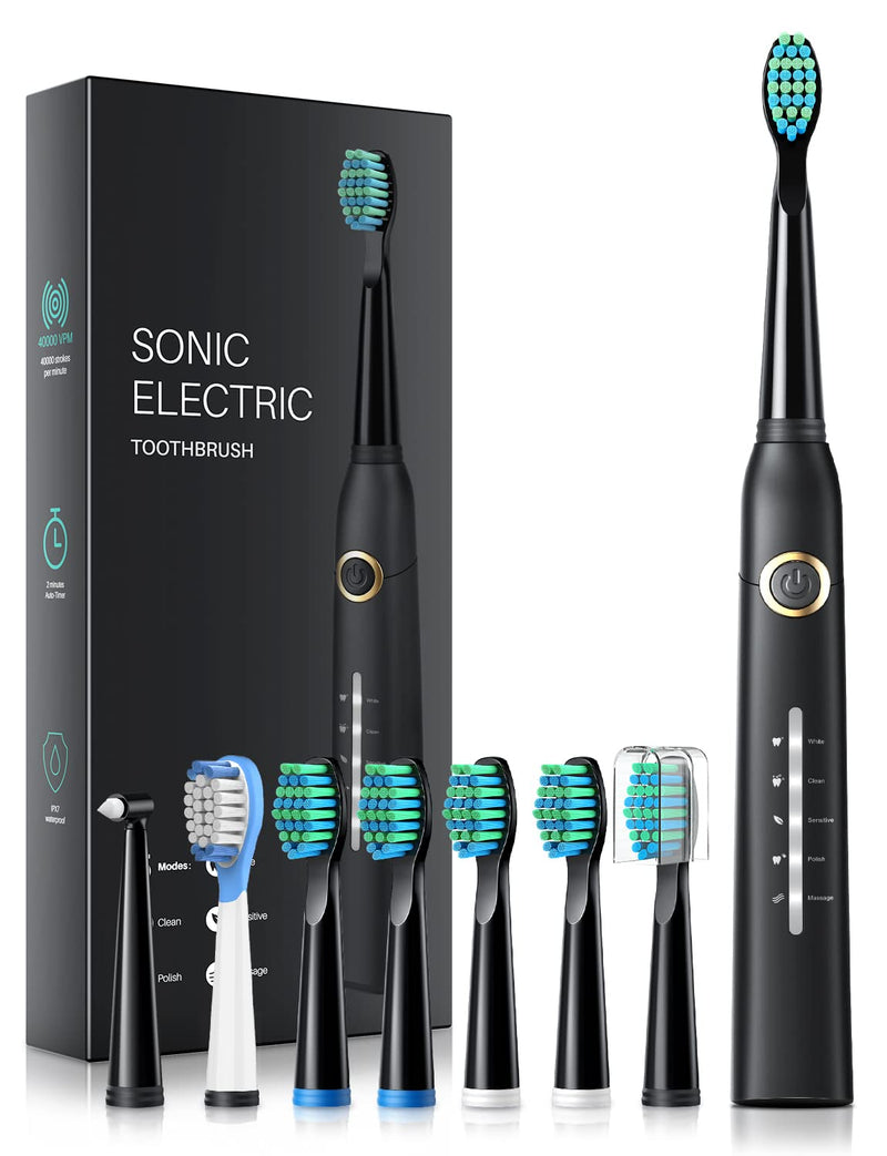 Electric Toothbrush, Sonic Toothbrushes with 8 Brush Heads 40000 VPM 5 Modes, Sonic Toothbrushes Fast Charge 4 Hours Last 30 Days, Rechargeable Electric Toothbrush for Adults, Black - NewNest Australia