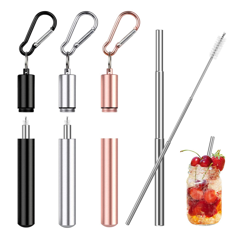 3Packs Stainless Steel Straws Reusable Telescopic Straws 22.5cm Portable Metal Drinking Straws Collapsible Straws with 3 Telescopic Cleaning Brush and Key Ring Case for Travel Home Office(3 Colors) Style 1 - NewNest Australia