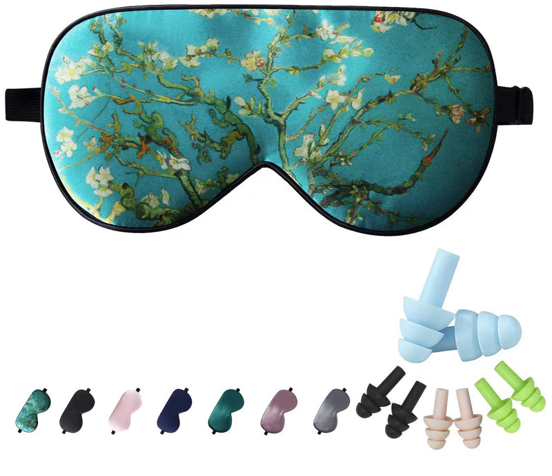 LaCourse 100% Natural Mulberry Silk Eye Mask for Sleeping with 4Pair EarPlugs & Travel Pouch, Both Sides 19 Momme Organic Silk, Adjustable Silk Sleep Eye Mask for Women, Green-Floral Green Floral With 4pair Earplugs - NewNest Australia
