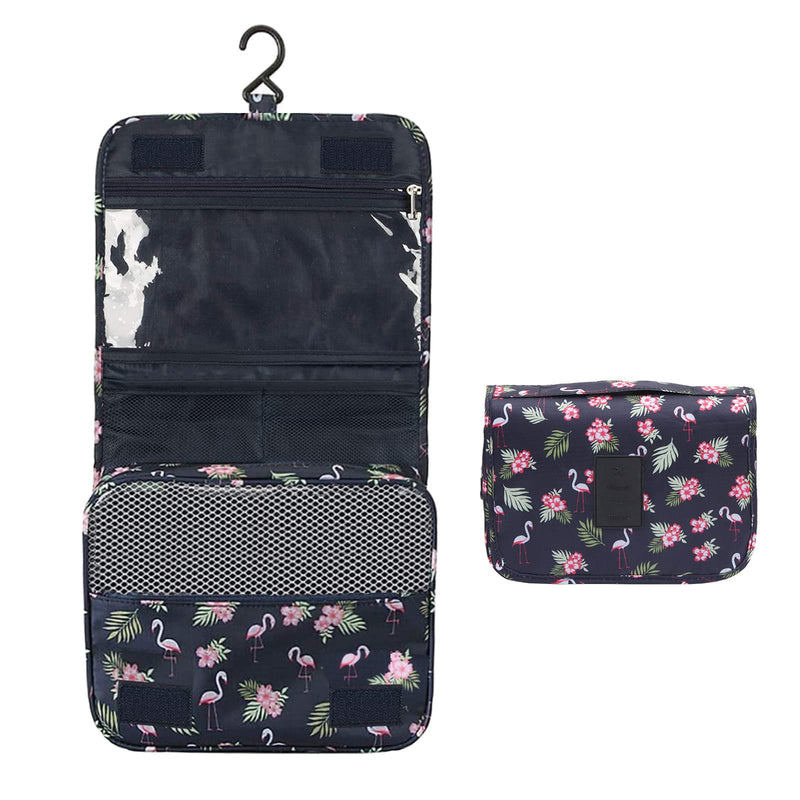 Travel Toiletry Wash Bag with Compartment PATILWON Toiletries Makeup Organizer for Women Girls Lady, Hang Waterproof Collapsible (Black, Flamingo) Black, Flamingo - NewNest Australia