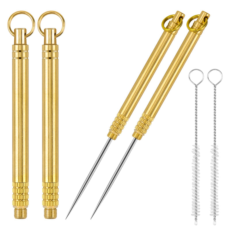 Yotako 2Pcs Portable Titanium Toothpicks, Mini Pocket Reusable Metal Tooth Pick with Key Ring, Metal Dental Toothpick with 2 Cleaning Brushes for Keychain Outdoor Travel Picnic Hiking (Brass) Brass - NewNest Australia