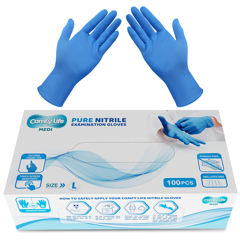 Comfy Life MEDI Pure Nitrile Gloves Premium Medical Grade EN455 EN374 Virus & Chemical Tested AQL 1.5 Powder Free Disposable Examination Gloves Latex Free PPE Food Safe Security Pack of 100 Size Large - NewNest Australia