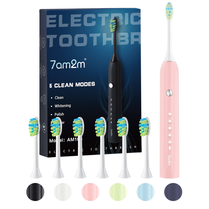 7AM2M Sonic Electric Toothbrush for Adults and Kids, One Charge for 90 Days, with 6 Brush Heads, 5 Modes with 2 Minutes Build in Smart Timer, Roman Column Handle Design (Pink) Pink - NewNest Australia