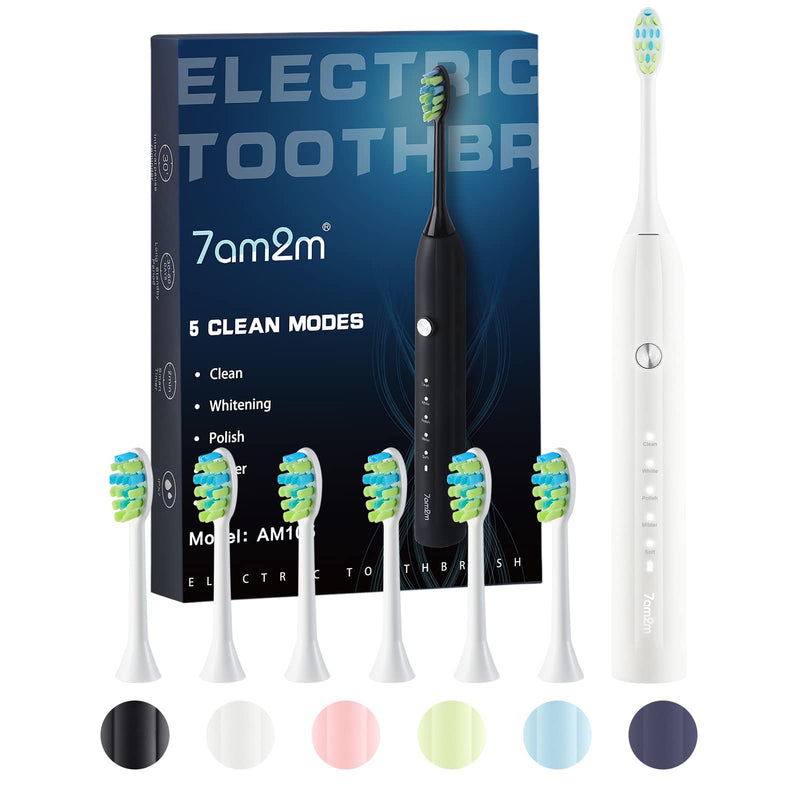 7AM2M Sonic Electric Toothbrush for Adults and Kids, One Charge for 90 Days, with 6 Brush Heads, 5 Modes with 2 Minutes Build in Smart Timer, Roman Column Handle Design (White) White - NewNest Australia