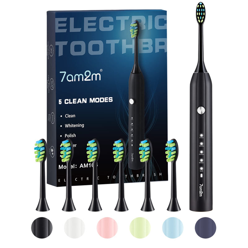 7AM2M Sonic Electric Toothbrush for Adults and Kids, One Charge for 90 Days, with 6 Brush Heads, 5 Modes with 2 Minutes Build in Smart Timer, Roman Column Handle Design (Black) Black - NewNest Australia