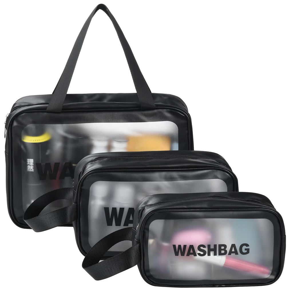 ALINK 3 Pieces Large Clear Travel Toiletries Bags, Waterproof Clear Plastic Cosmetic Makeup Bags, Transparent Packing Organizer Storage Bags (Black) Black - NewNest Australia