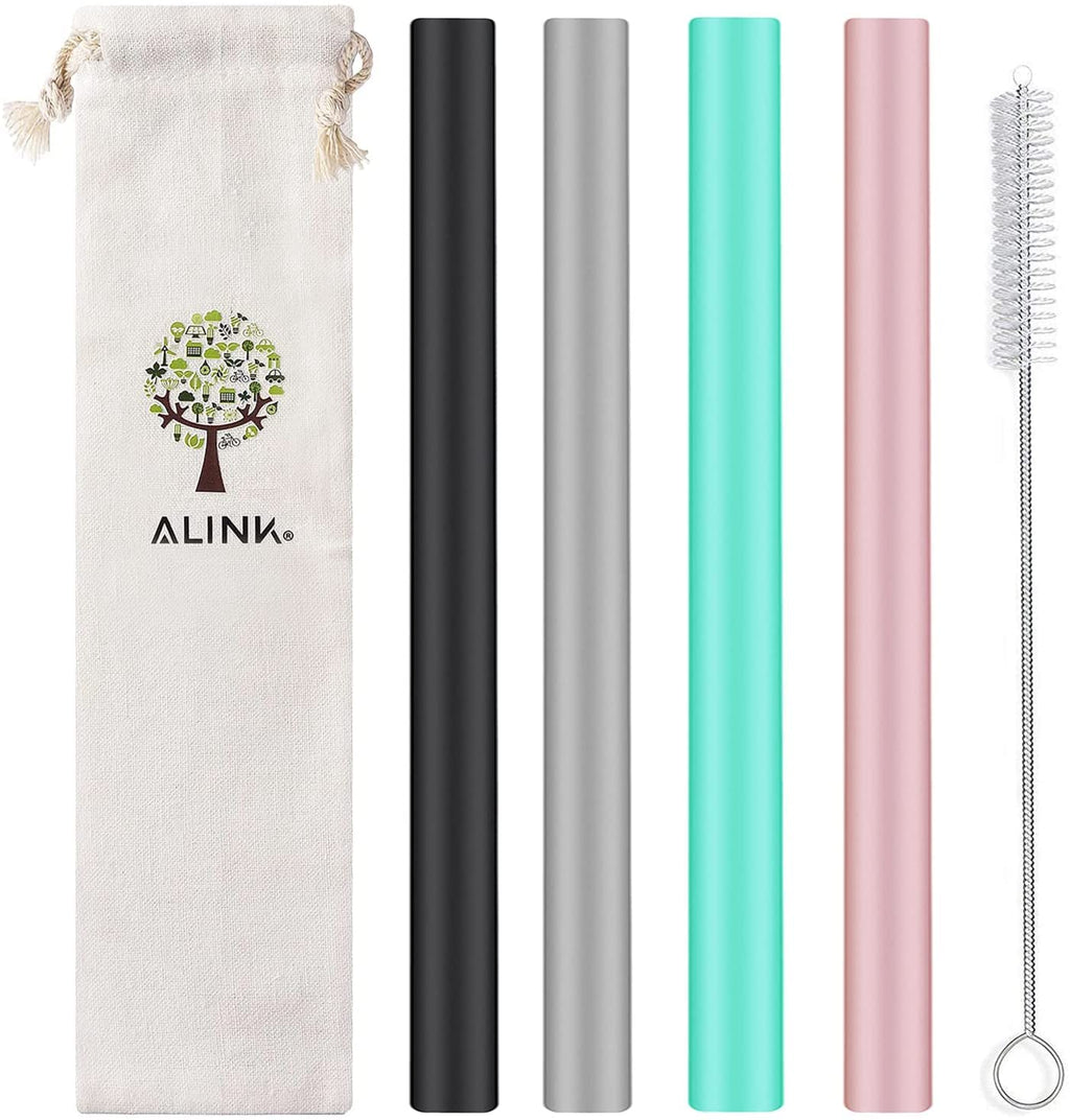 ALINK Reusable Silicone Boba Straws, Extra Large Bubble Tea Smoothie Straws for Tapioca Pearl, Pack of 4 with Cleaning Brush and Case - 10 in x 14 mm - Black, Gray, Green, Pink - NewNest Australia