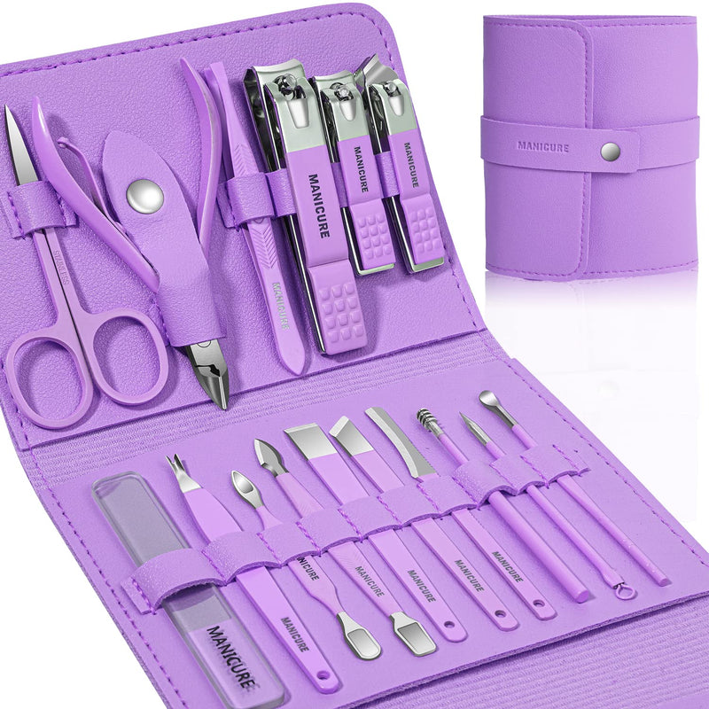 Manicure Set Professional Nail Clippers Pedicure Kit, 16 pcs Stainless Steel Nail Care Tools Grooming Kit with Luxurious Travel Leather Case for Thick Nails Men Women Gift (Violet) Violet - NewNest Australia