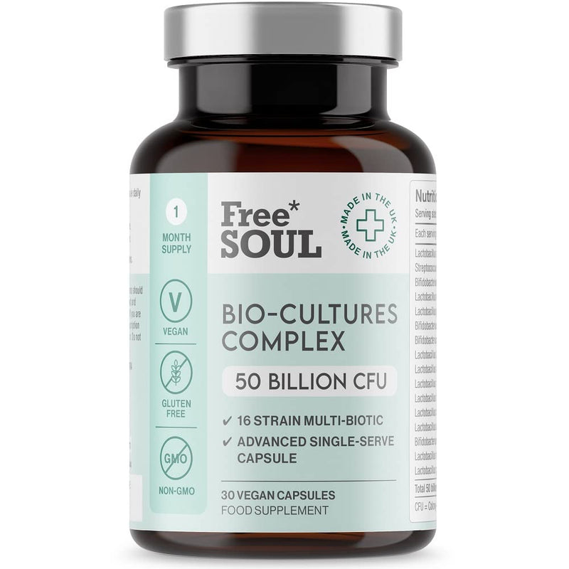 Super Strength 50 Billion CFU Advanced Pro Bio Cultures Complex with 16 Live Strains | Advanced Single Capsule Serving | Multi Strain Formula | Vegan Digestive Enzyme Supplement | UK Made - Free Soul - NewNest Australia