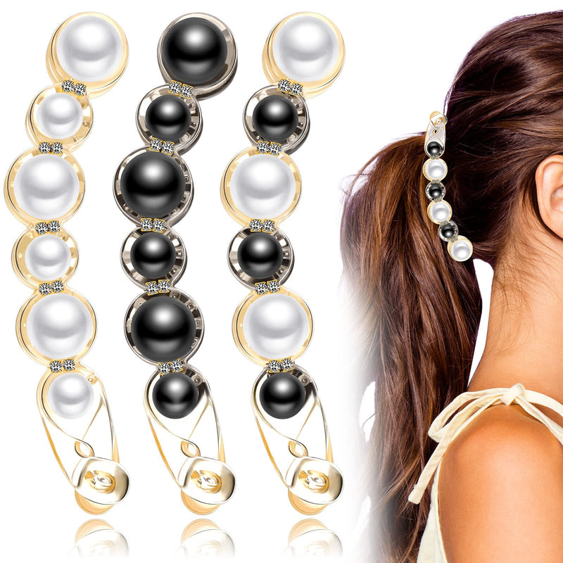 3 Pcs Pearl Banana Hair Barrettes, Artificial Pearl Rhinestone Banana Clips Acrylic Banana Hair Clips Elegant Ponytail Hair Barrettes Hair Accessories for Women Girls Thick Fine Hair - NewNest Australia
