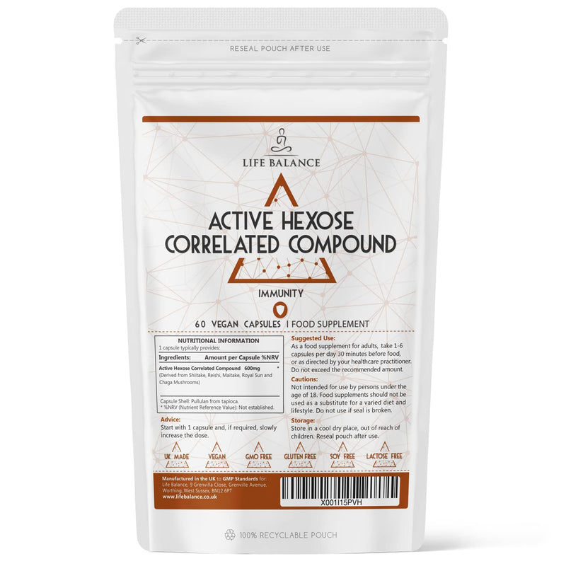 Active Hexose Correlated Compound - High Strength 600mg Capsules - Vegan - UK Made - No Additives - GMP - Pullulan (60 Capsule Pouch) 60 Capsule Pouch - NewNest Australia