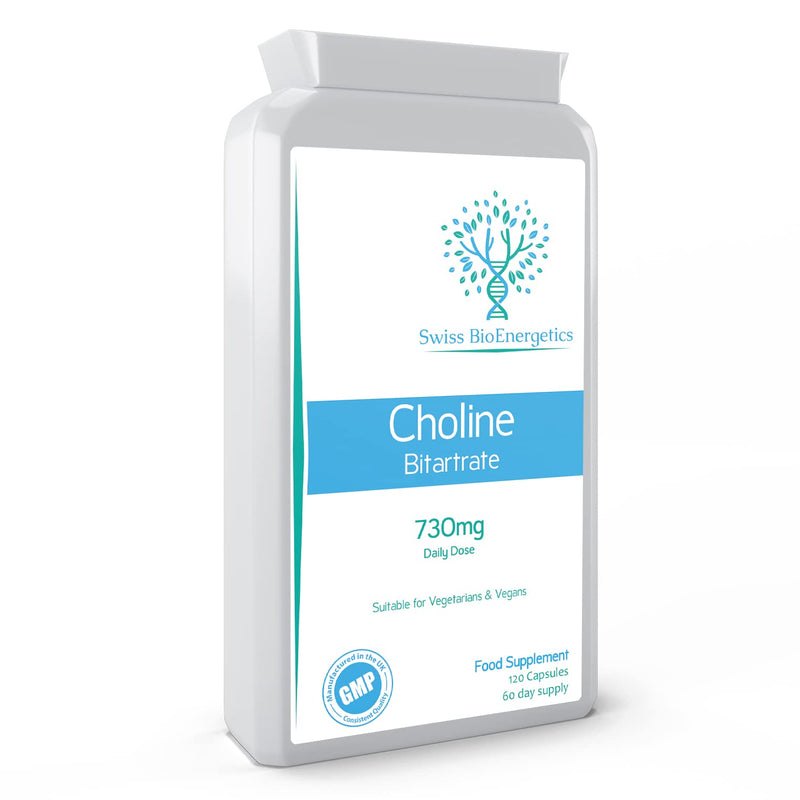 Choline Bitartrate 730mg Daily dose , 120 Choline Vegan Capsules - contributing to Normal Liver Function – No GMO’s , Dairy & Gluten Free - Manufactured in The UK to GMP Code of Practice - NewNest Australia