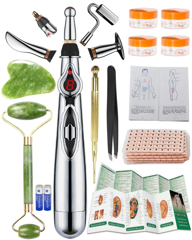 Acupuncture Super Set: 5-Head Electronic Acupuncture Pen + Gua Sha Tool + 600 Ear Seeds + Retractable Acupuncture Pen+ 4 x Extra Massaging Gel+Tweezers+Chart+Batteries (Acupuncture Set(with Chart)) Acupuncture Set(with Chart) - NewNest Australia