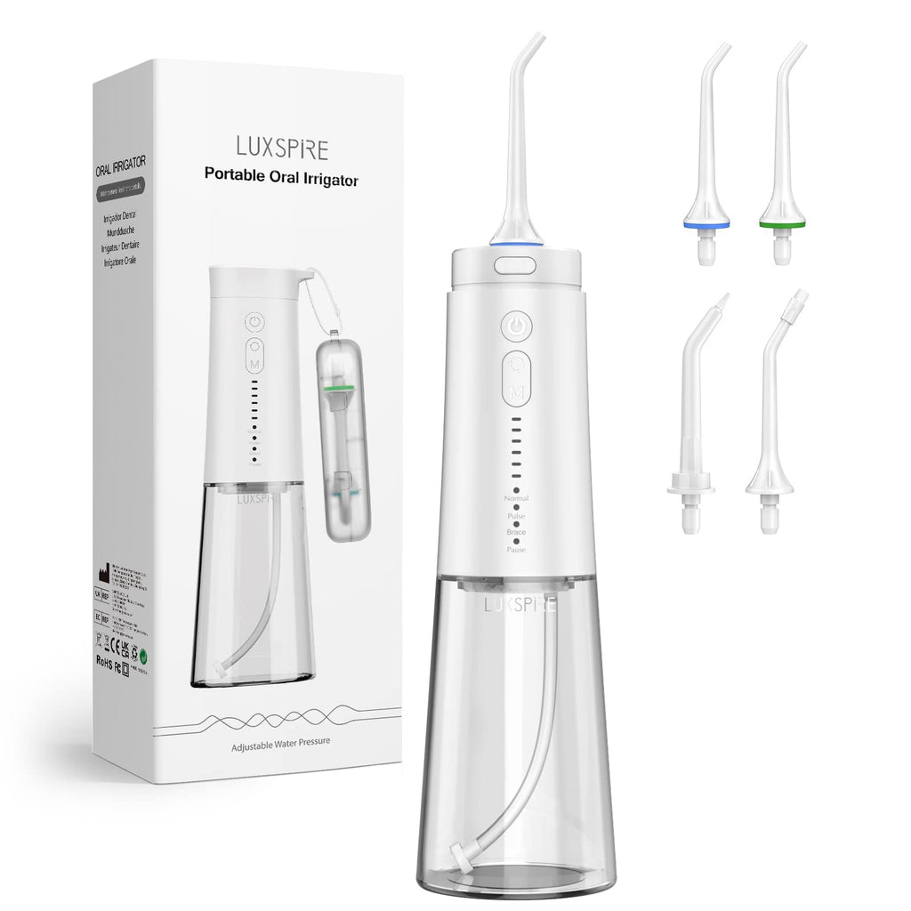 Luxspire Cordless Water Flosser, Portable Dental Flosser with 6 Pressure 4 Modes, Waterproof Oral Irrigator Rechargeable Powerful Teeth Oral Cleaner for Home & Travel Deep Gum Teeth Cleaning, White - NewNest Australia