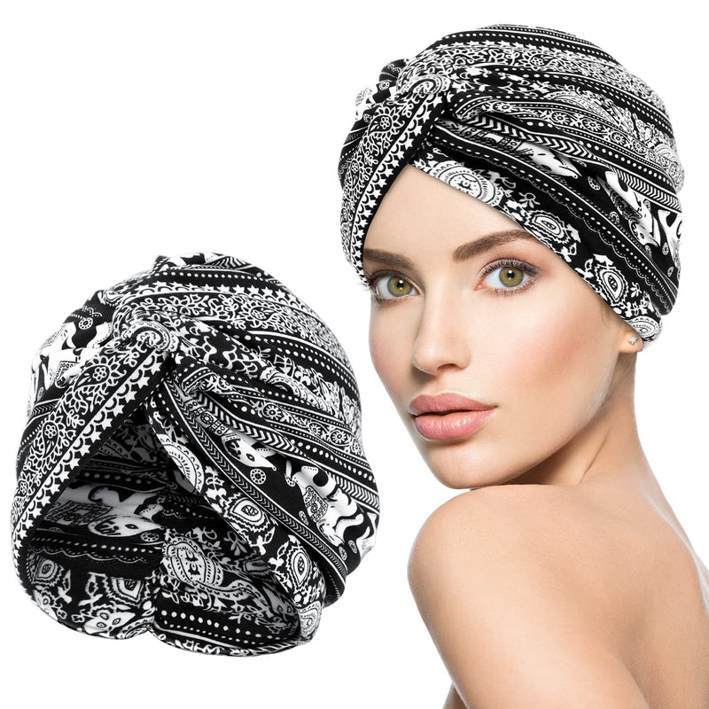 Elastic Cotton Turban Soft Turbans for Women Stretch Hair Wrap for Sleeping Pre Tied Knot Hair Sleeping Cap Pleated Head Coverings for Women Sleep Bonnet for Girls Ladies Decorations Black - NewNest Australia