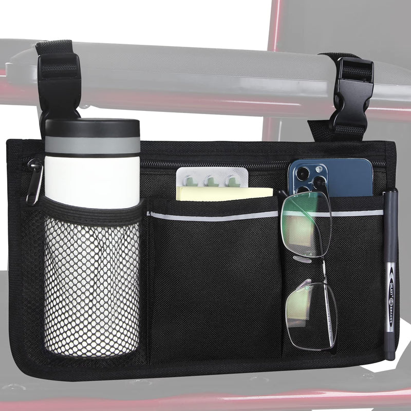 Wheelchair Side Organizer Storage Bag Armrest Pouch with Cup Holder and Reflective Stripe Use Waterproof Fabric, for Most Wheelchairs, Walkers or Rollators (Black) Black - NewNest Australia