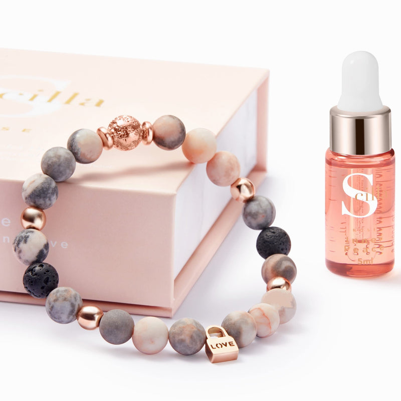 Anti-Anxiety Bracelet for Women- Crystal Bracelet, Lava Rock and Love Lock Charm - Good Sleep Essential Oil - Beaded Wellness Bracelet - Relaxation, Aromatherapy Gifts for Women – Gift Box Pink Zebra Jasper - NewNest Australia
