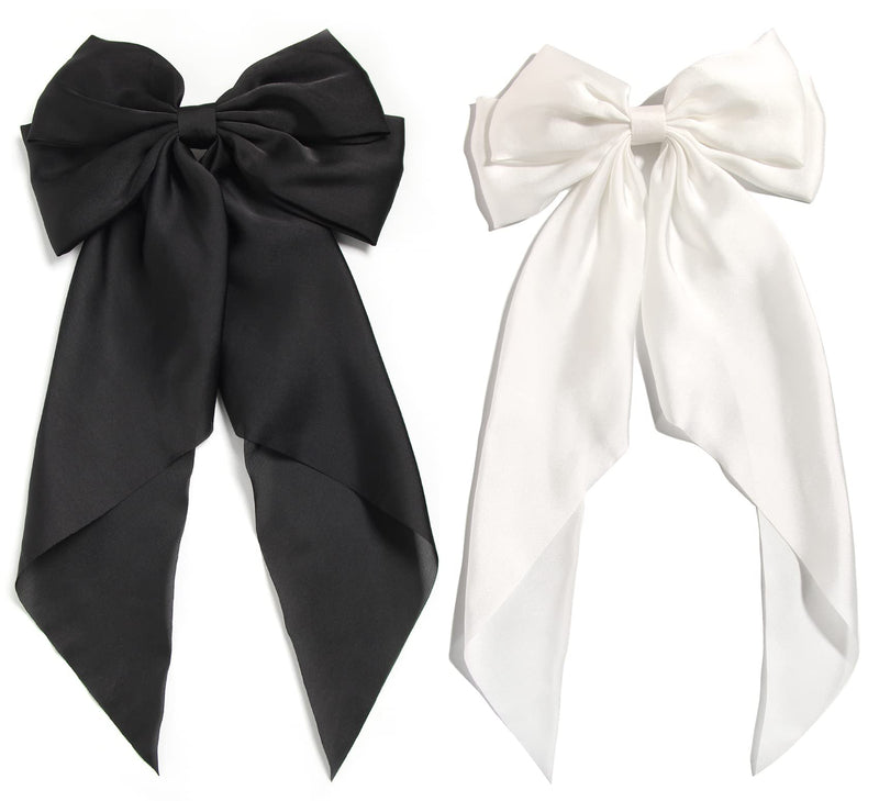 Bow Hair Clips Hair Slides Solid Color Bowknot Hairpin French Barrette with Long Silky Satin Tail Large Bows for Women Girls Hair Barrettes Scrunchies Accessories Pack of 2 (Black & White) - NewNest Australia