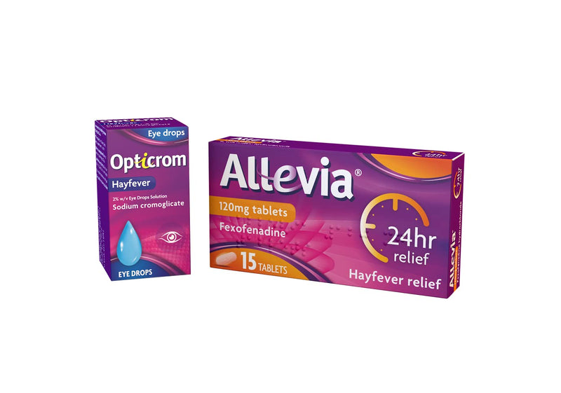 Allevia 120 mg Tablets Fexofenadine Pack of 15 & Opticrom Hayfever Allergy Eye Drops Sodium Cromoglicate 10ml – for Effective Relief of Hayfever Symptoms – Acts Within 1 Hour – Multi Symptom Relief - NewNest Australia