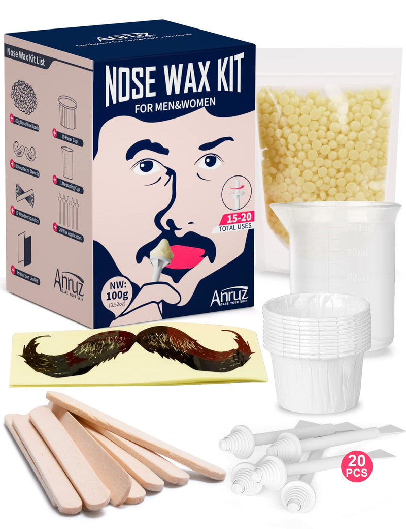 ANRUZ Nose Waxing kit with 100g Nose Wax Beads,Nose Hair Wax Kit with 10 Wooden Spatula, 20 Applicators and 10 Paper Cup- Painless & Safe Nose Hair Removal Wax Kit Can be Used for 15-20 Times - NewNest Australia
