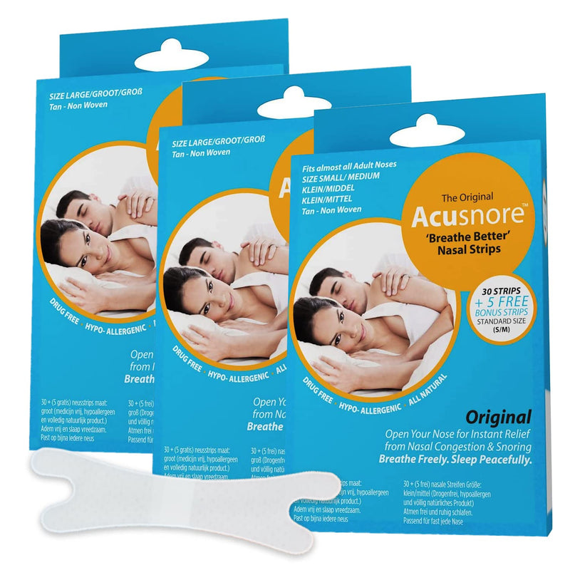 Anti Snore Strips Acusnore® Nose Strips for Snoring Suitable Snoring Aids for Men & Women Includes 105 Breathe Better Nasal Strips for Better Sleep (x3 Packs of 35) (S/M) S/M - NewNest Australia