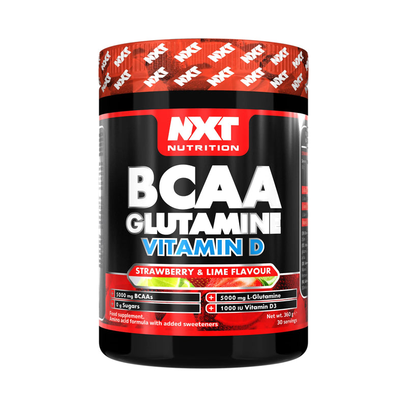 NXT Nutrition BCAA, Glutamine & Vitamin D | BCAAs Amino Acids with Vitamin D3 and L-Glutamine - for Recovery, Gut Health and Muscle Protein Synthesis | Strawberry Lime | 360g - 30 Serving - NewNest Australia