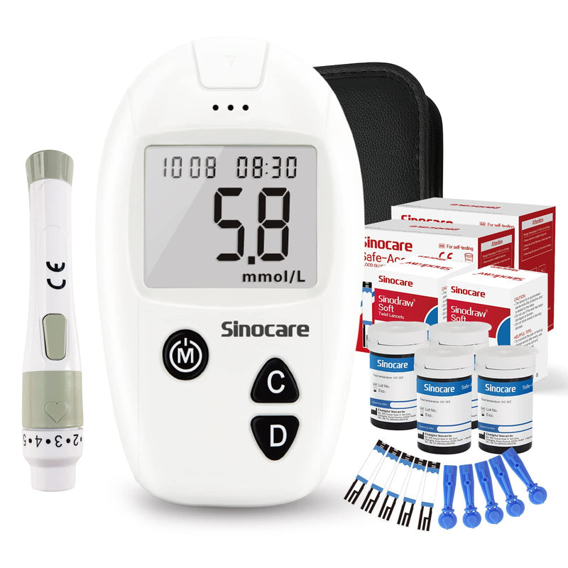 sinocare Diabetes Testing Kit / Blood Glucose Monitor Safe Accu Blood Glucose Sugar Test Kit with Strips x 100 & Lancing Devices x 100 & Case for UK Diabetics -in mmol/L Safe Accu Glucometer x 100 strips - NewNest Australia