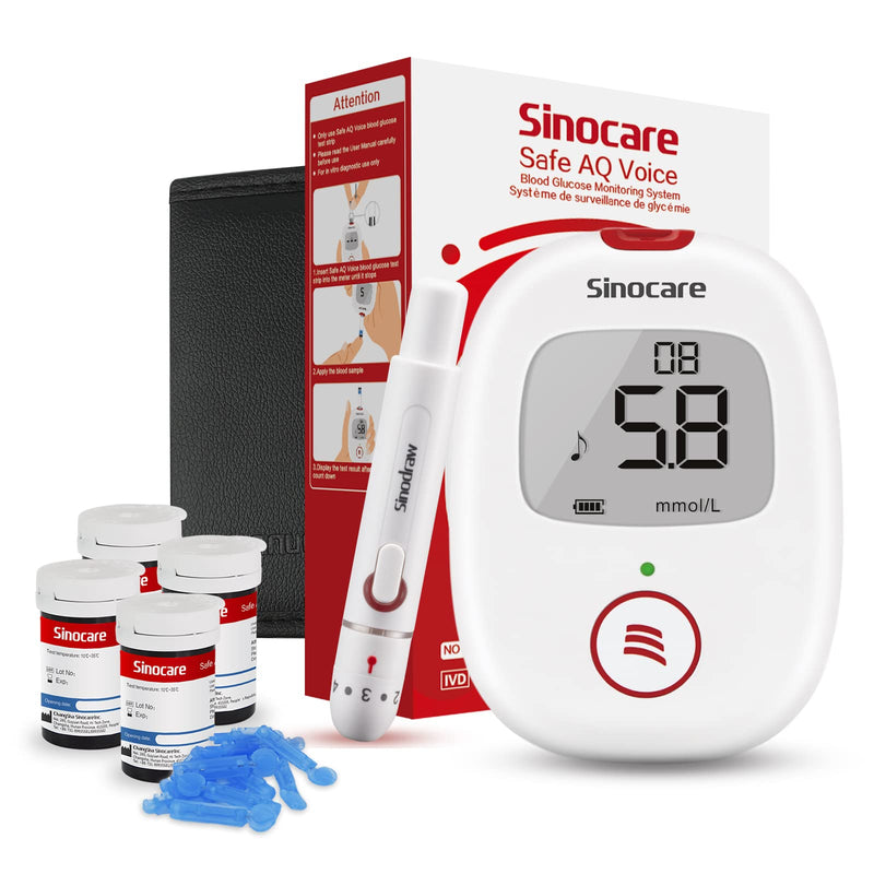 sinocare Diabetes Testing Kit/Blood Glucose Monitor Safe AQ Voice/Glucometer with Voice Reminder & Light Warning, Blood Sugar Test with Strips x 100 & Case -in mmol/L Safe AQ Voice Glucometer Kit - NewNest Australia