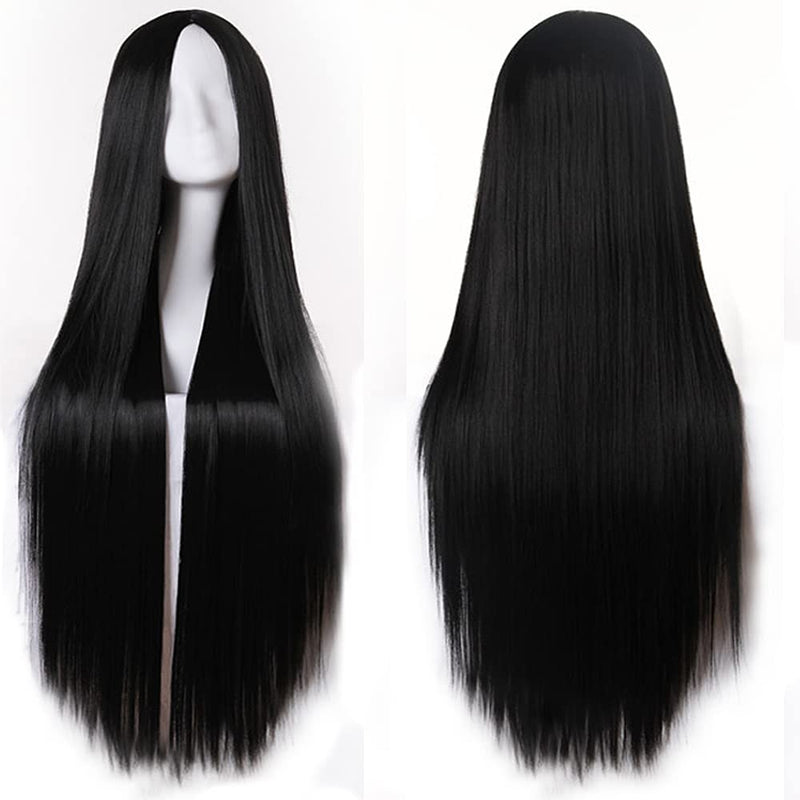 Colorfulpanda Long Black Straight Cosplay Wig Natural Synthetic Hair Costume Fancy Dress Wig for Women Girls Mens Halloween Party or Daily Use 32" 80cm Natural Black - NewNest Australia