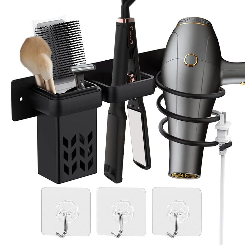 BURNTOP Hair Dryer Holder Wall Mounted, Straightener Holder, Bathroom Hair Styling Care Tool Organizer, Multi-Functional Space Saving Storage Bracket with Plug Hook & Cup-Black - NewNest Australia