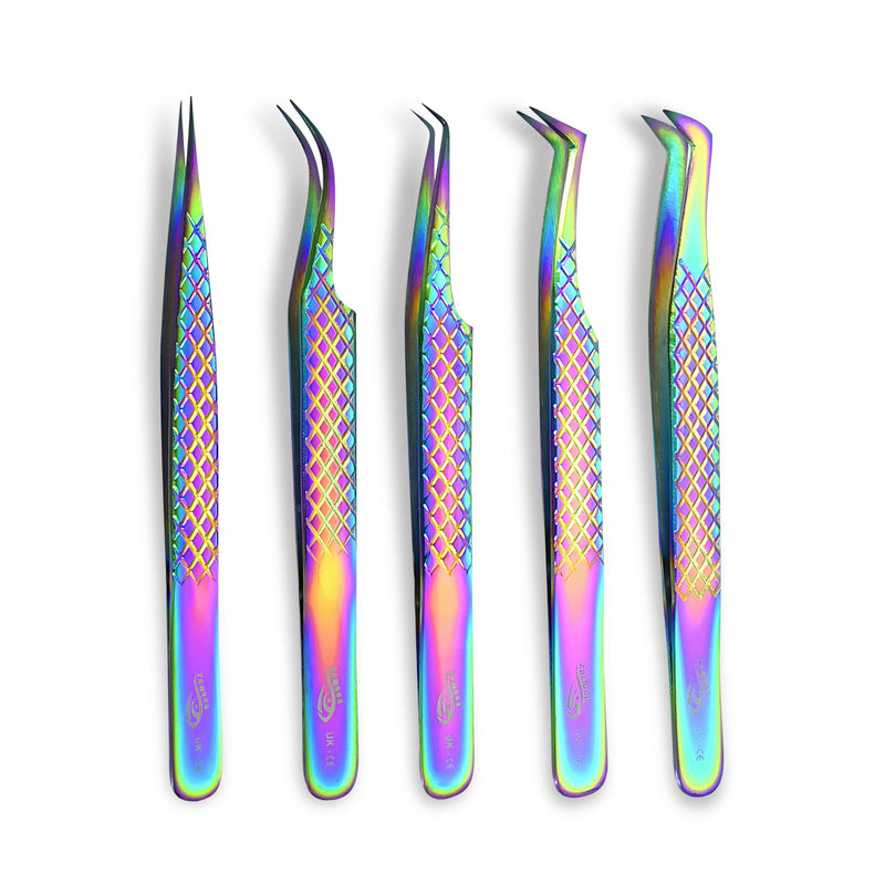 ZAMAHA UK Lash Eyelash Extension Tweezers Set of 5, Japanese Stainless Steel Tools Straight Curved 45 90 Degree Angled Tip, Volume Tweezers Precision (Rainbow Multi) - NewNest Australia