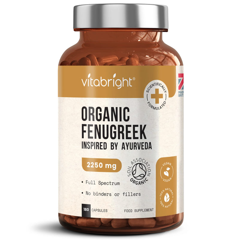 Organic Fenugreek Capsules - 2250mg High Strength - 180 Capsules (60 Day Supply) - Supports Healthy Blood Sugar Levels and Healthy Cholesterol Levels - Vegan - Made in The UK by VitaBright - NewNest Australia