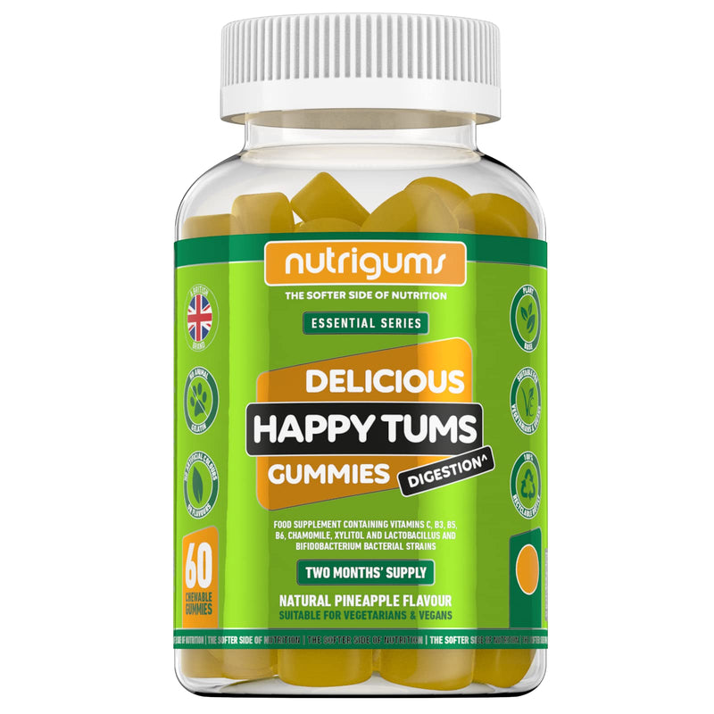NUTRIGUMS® Happy TUMS (Probiotics) 60 Vegan Gummies. Pineapple Flavour. Gut & Digestive Health 1.25 Billion CFU Probiotics, Vitamins C, B3, B5, B6, Chamomile and Xylitol. for Adults + Kids Age 5+ - NewNest Australia