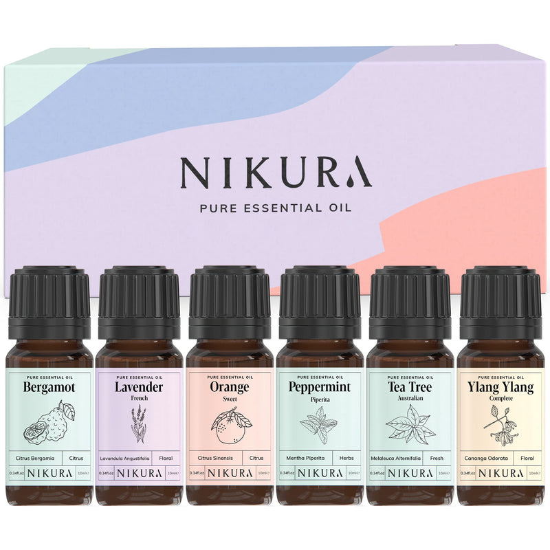 Nikura | Best Sellers (6 x 10ml) Essential Oil Gift Set | Bergamot, Lavender, Sweet Orange, Peppermint, Tea Tree & Ylang Ylang | for Aromatherapy, Soap and Candle Making, Diffuser, Vegan - NewNest Australia