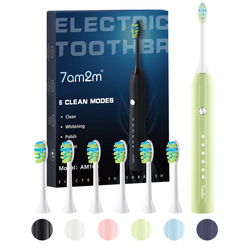 7AM2M Sonic Electric Toothbrush for Adults and Kids, One Charge for 90 Days, with 6 Brush Heads, 5 Modes with 2 Minutes Build in Smart Timer, Roman Column Handle Design(Green) Green - NewNest Australia