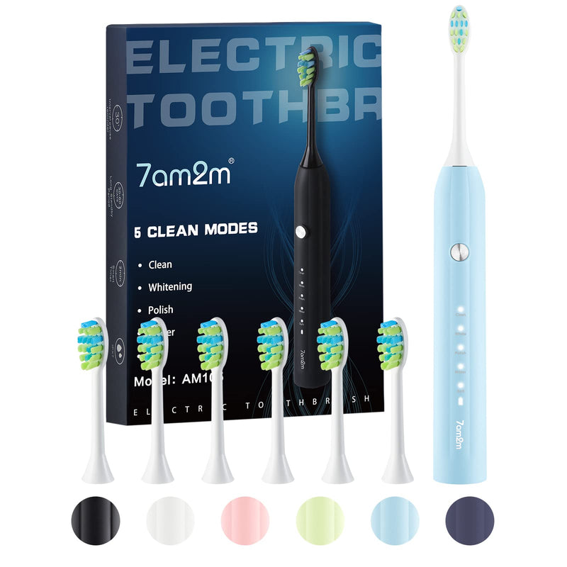 7AM2M Sonic Electric Toothbrush for Adults and Kids, One Charge for 90 Days, with 6 Brush Heads, 5 Modes with 2 Minutes Build in Smart Timer, Roman Column Handle Design(Light Blue) Light Blue - NewNest Australia