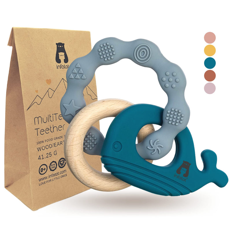 Infatot MultiTexture Teething Toys for Baby, BPA Free Silicone Easy to Hold Toy with Wooden Teether. Animal Teethers for Newborn & Babies 3 4 6 12 Months Boy & Girl Teether Infant & Shower Gifts. B Blue and Navy - NewNest Australia