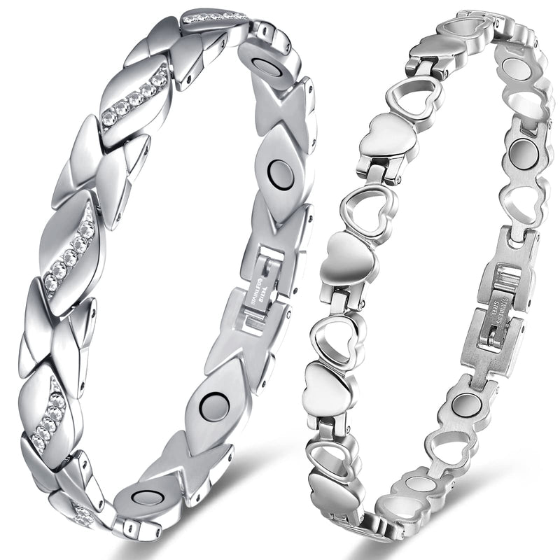 Vicmag 2PCS Titanium Steel Magnetic Bracelets for Women with Ultra Strength 3500 Gauss Magnets, Neat and Sparkly Crystal Love Style Design, Gift Box with Adjustment Tool (Crystal Silver) Crystal Silver - NewNest Australia