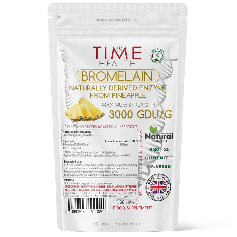 Bromelain Capsules - High Strength 3000 GDU - Highly Dosed 500mg per Capsule - Naturally Derived from Pineapple - UK Made - Zero Additives - Vegan - Pullulan (60 Capsule Pouch) 60 Count (Pack of 1) - NewNest Australia