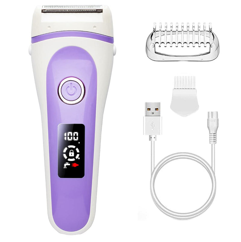 Electric Lady Shaver Bikini Trimmer, Wet & Dry Rechargeable Cordless Painless Electric Razor for Women, LED Display Razor for Legs Underarms (Purple) Purple - NewNest Australia