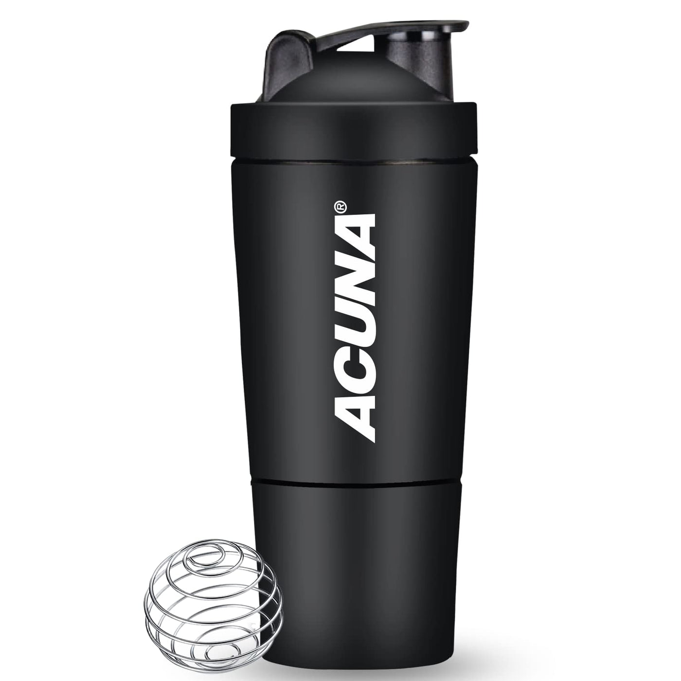 ACUNA Stainless Steel Protein Shaker Bottle 591ml - Airtight Leakproof  Fitness With Compartment For Supplement Storage 16 oz -Double Wall Fitness,  Gym (Black) (SG-S050) Black