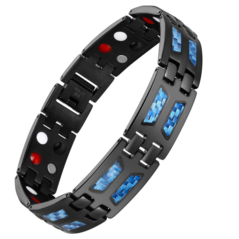 Jeracol Blue Carbon Fiber Titanium Steel Magnetic Bracelet for Men, 4 Element Double Row Strong Magnets,Size Adjustable Brazaletes Wristband with Removal Tool&Gift Box,Gift for Boyfriend Father's Day A-black Bule - NewNest Australia