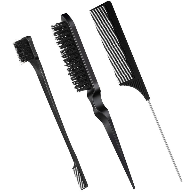 Fuyamp 3 Packs Slick Brush Set Teasing Brush Set, Plastic Bristle Hair Brush Teasing Comb Edge Hair Brush Grooming Combs Sturdy Rat Tail Comb Double Sided Edge Brush for Women Hair Salon Hair Slicking Black - NewNest Australia