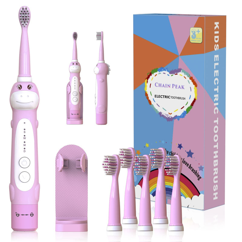 Dinosaur Toothbrush, Kids Sonic Electric Toothbrush for Children, Toddlers Boys Girls Age 3-12 with 30s Reminder, 2 Mins Timer, 5 Modes, 6 Brush Heads, Rechargeable, Wall-Mounted Holder 8680 Pink+ 6 Heads+ Holder(package Might Vary) - NewNest Australia