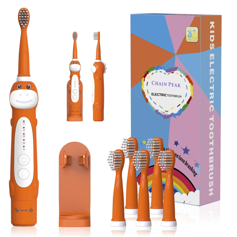 Dinosaur Toothbrush, Kids Sonic Electric Toothbrush for Children, Toddlers Boys Girls Age 3-12 with 30s Reminder, 2 Mins Timer, 5 Modes, 6 Brush Heads, Rechargeable, Wall-Mounted Holder 8680 Orange+ 6 Heads+ Holder(package Might Vary) - NewNest Australia